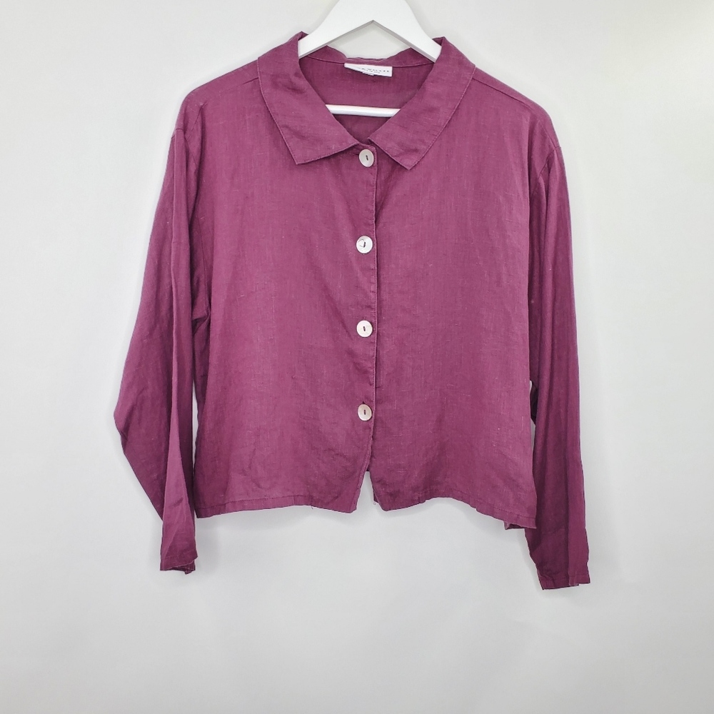 Bryn Walker Purple Linen Button Up Top Oversized Collar Lagenlook Boho
